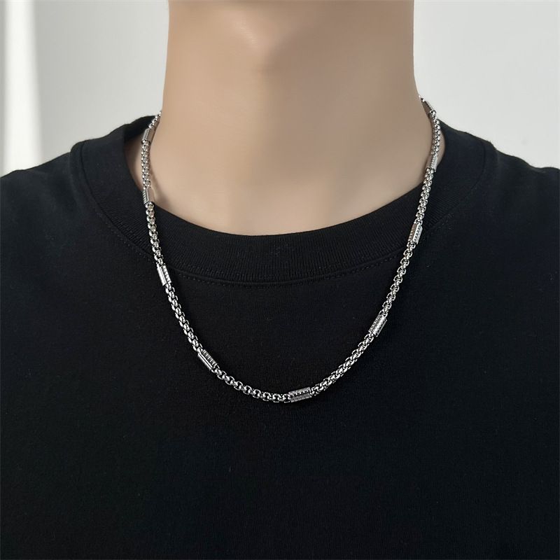 European And American Simple Square Pearl Cylinder Titanium Steel Boys Simple Necklace Trend Personality Hip Hop Whip Chain Does Not Fade_voghion.com