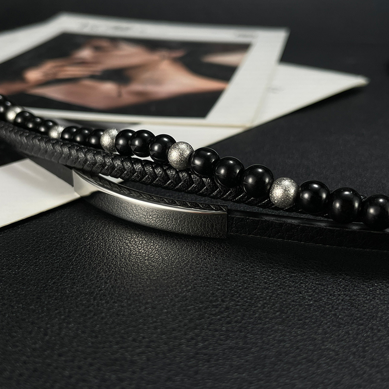 Multi-Layer Handmade Woven Leather String Bracelet Black Agate Beaded Bracelet For Men_voghion.com