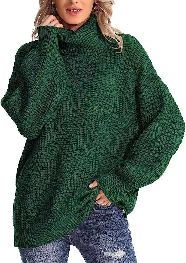 Women's Oversized High-Neck Cable Knit Sweater - Elegant Batwing Sleeve Pullover For Autumn & Winter, Soft & Breathable In 10 Versatile Colors_voghion.com