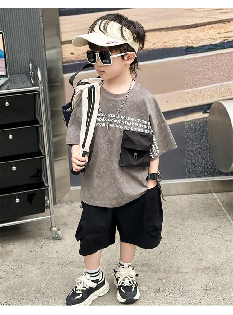 Boys' summer spider web tie dye three-dimensional bag Korean version handsome short message two-piece set, trendy_voghion.com