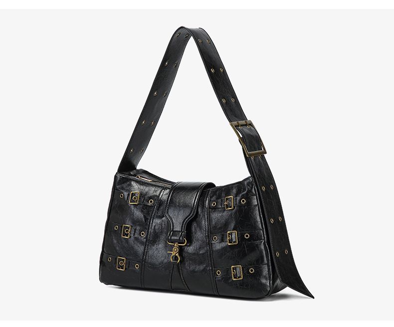 2025 New PU Leather Shoulder Bag Wide Strap Retro Large Capacity Heavy Metal Punk Vintage Tote Handbag_voghion.com