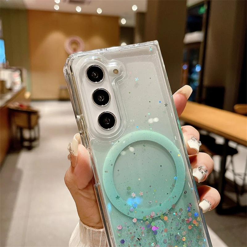 Magnetic Glitter Clear Case for Samsung Galaxy Z Flip 5 3 Flip5 Fold 4 Zflip3 Gradient Wireless Charger Soft Cover_voghion.com