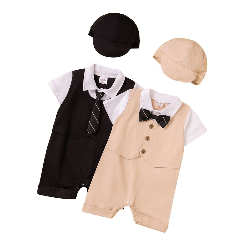 SAMGAMI BABY Ensemble trois pièces pour garçon, version coréenne, barboteuse à manches courtes, gilet et chapeau, blanc, nœud papillon, bretelles_voghion.com