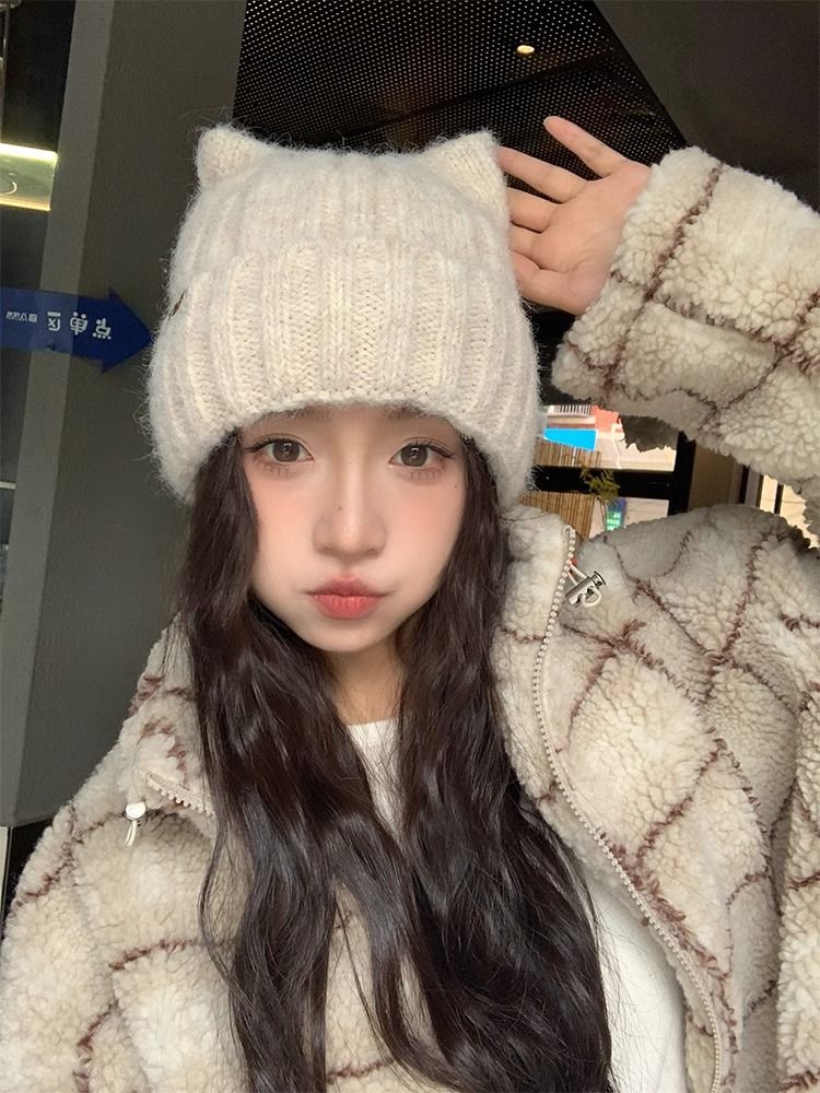 Cat Ear Knitted For Women, Autumn And Winter New Japanese Style Warm Cute Knit Hat, Korean Version Thickened Versatile_voghion.com