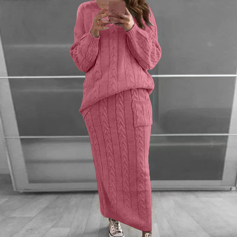Maglione da donna, set autunno e inverno, due pezzi, maglione lavorato a maglia con scollo a V e gonna lavorata a maglia, set di abiti caldi e casual._voghion.com