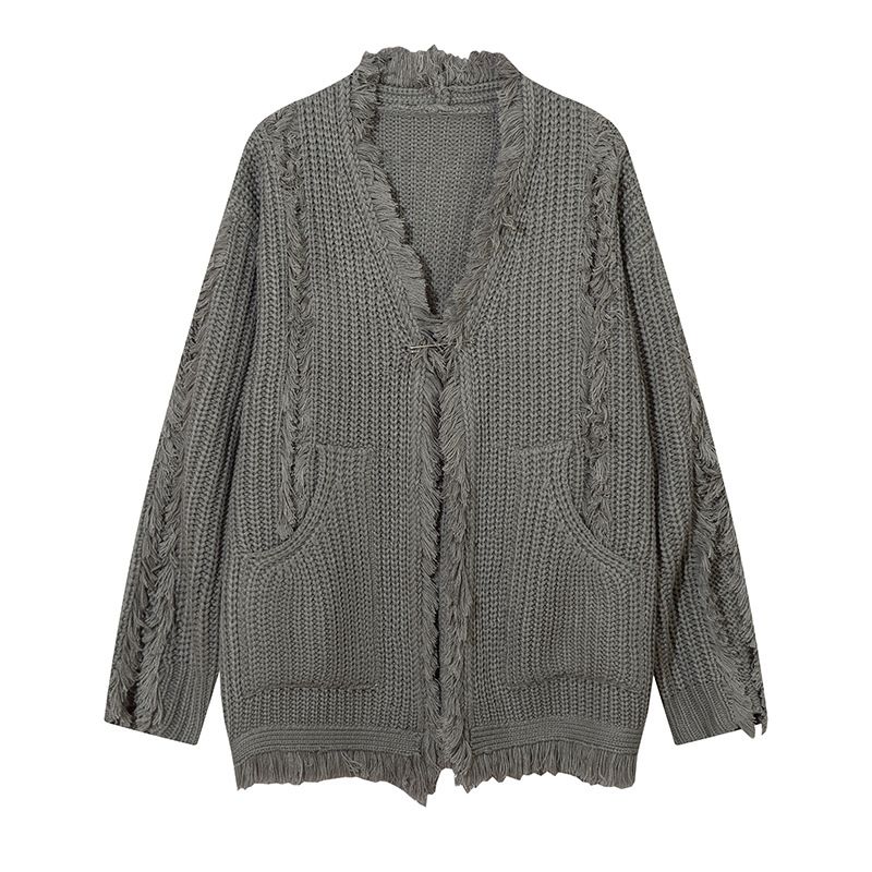 Street Style Tassel Fringe Design Knitted Cardigan For Men Women, Loose And Casual Loose-Fit Sweater_voghion.com
