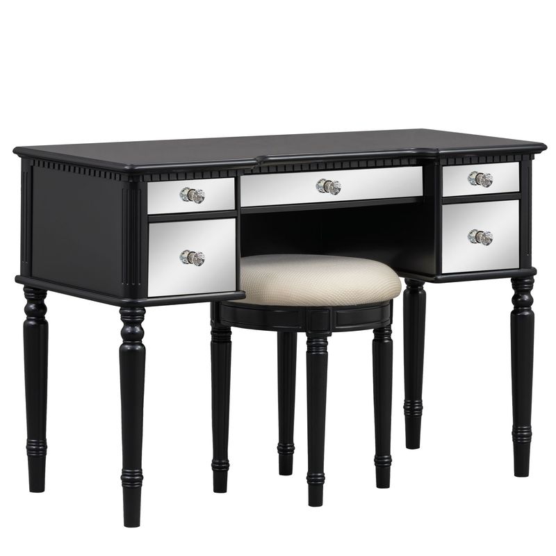 43" Dressing Table Set With Mirrored Drawers And Stool, Tri-fold Mirror, Makeup Vanity Set For Bedroom, Black_voghion.com