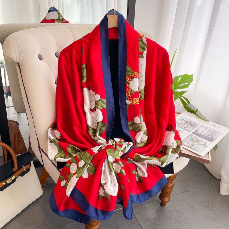 Spring, Summer, and Autumn New Korean Edition Simulated Silk Women's Camellia Decoration Versatile Shawl Sunscreen Beach_voghion.com