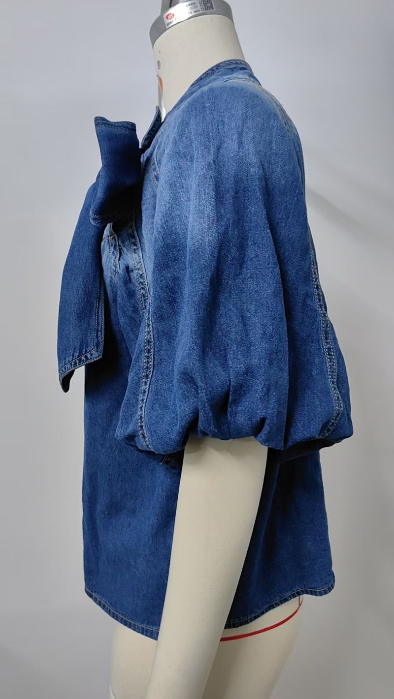 Women's Clothing Spring New Retro Loose Neckline Tie Denim Shirt Bow Tie Top Women_voghion.com
