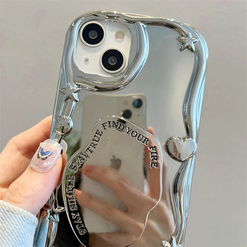 Étui de support en métal plaqué 3D en forme de cœur pour iPhone 14 13 12 15 Pro Max XR XS Sier Hang Bracelet rond Chaîne Couverture_voghion.com