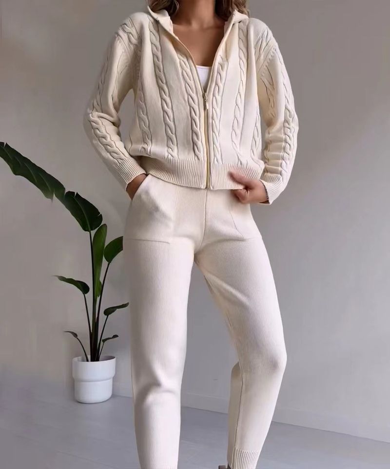 Women's Clothing Solid Color Pattern Hooded Zipper Top Casual Home Suit_voghion.com