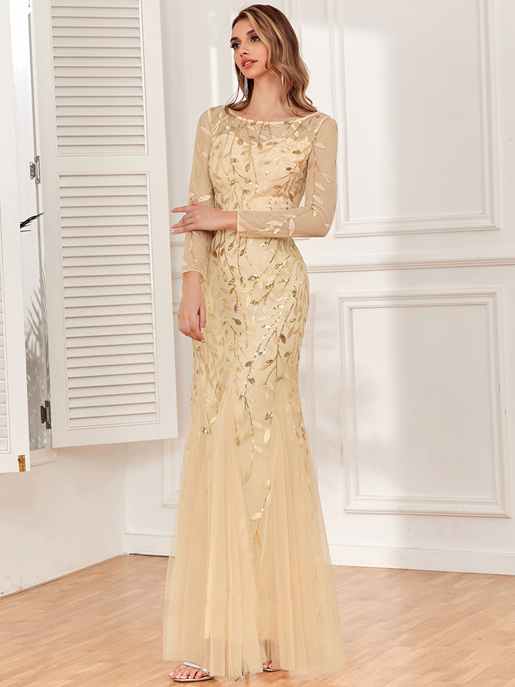 2023 heißer Verkauf Meerjungfrau Abendkleider Oansatz Volle Hülse Tüll Stickerei Lange Party Kleid Elegante Formale Kleid_voghion.com