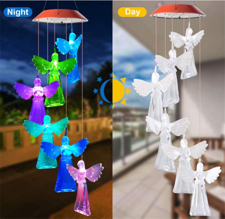 Solar LED Color-Changing Wind Chime Light – Rotating Owl & Angel Shape Garden Decor With 7 Colors, Waterproof Outdoor Hanging Lantern For Patio, Yard_voghion.com
