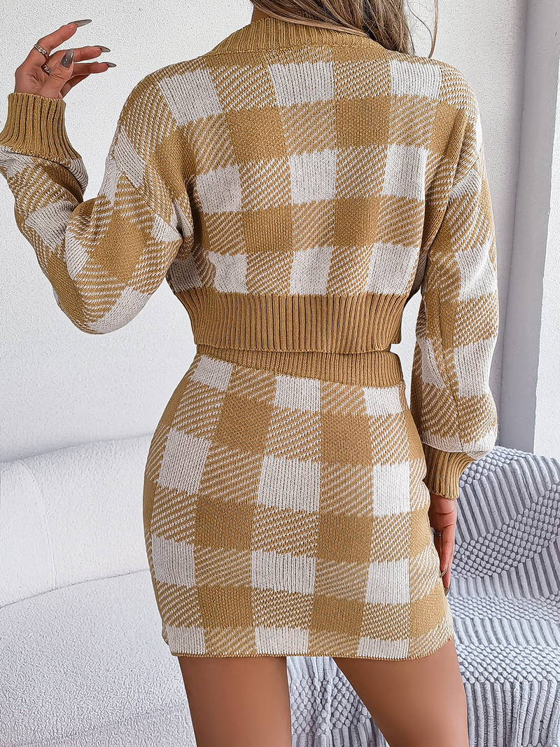 Maglione casual da donna a maniche lunghe scozzese a contrasto con ombelico scoperto, tailleur con gonna che copre i fianchi, abbigliamento_voghion.com