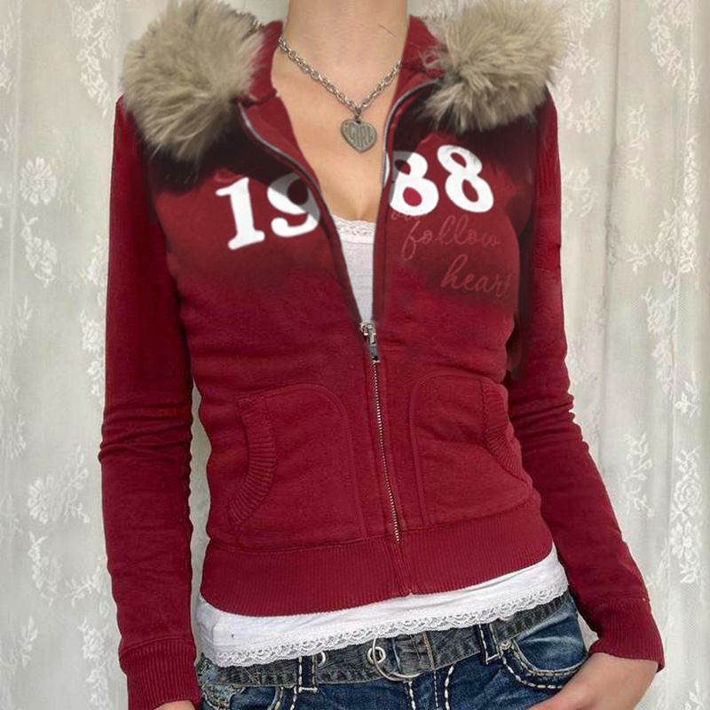 American Digital Printed Fur Patchwork Hooded Sweatshirt, Spicy Girl Street Contrasting Color, Slim Fit Zipper Casual_voghion.com
