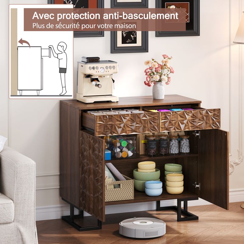 Credenza Kommode 80x78cm Walnussoptik Mit Blattrelief, 2 Schubladen & 2 Türen, Metallbeine_voghion.com