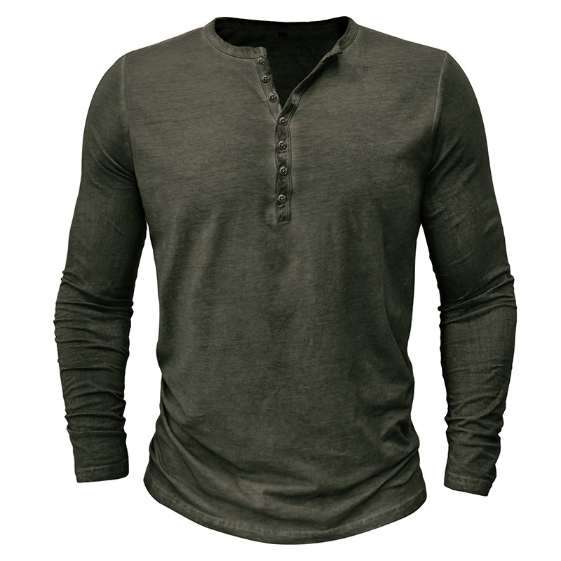 Europäisches Herren-Henley-Hemd, Retro-Langarm-T-Shirt, Herren-T-Shirt mit Knöpfen, gewaschenem V-Ausschnitt_voghion.com