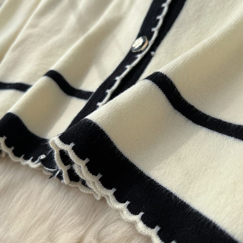 Elegante, tweedelige gebreide set voor dames - chique ronde hals, lange mouwen en mouwloze kokerjurk (beige/zwart, één maat)_voghion.com