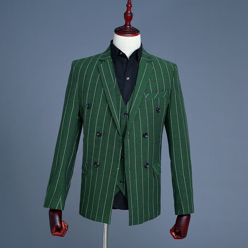 CT Men's Green Plaid Groom Groomsman Suit Double-Breasted Performance Tuxedo Host Emcee Photo Studio Theme_voghion.com