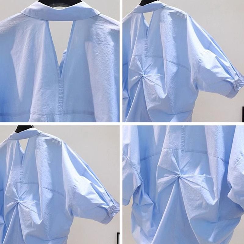 Camisa de verano para mujer, de algodón y lino, con abertura en la espalda, holgada, plisada y de manga corta._voghion.com