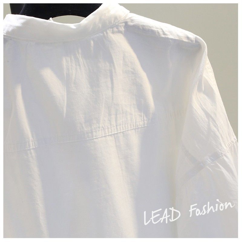 2024 doppia tasca anteriore corta posteriore bianca donna, versione coreana camicia casual stile BF artistico per donne alla moda_voghion.com