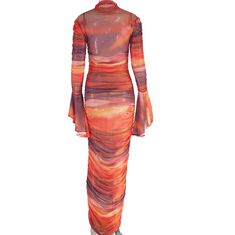 Women's Clothing Printed Long Sleeved Dress Round Neck Temperament Casual Pullover One Step Skirt Dress_voghion.com