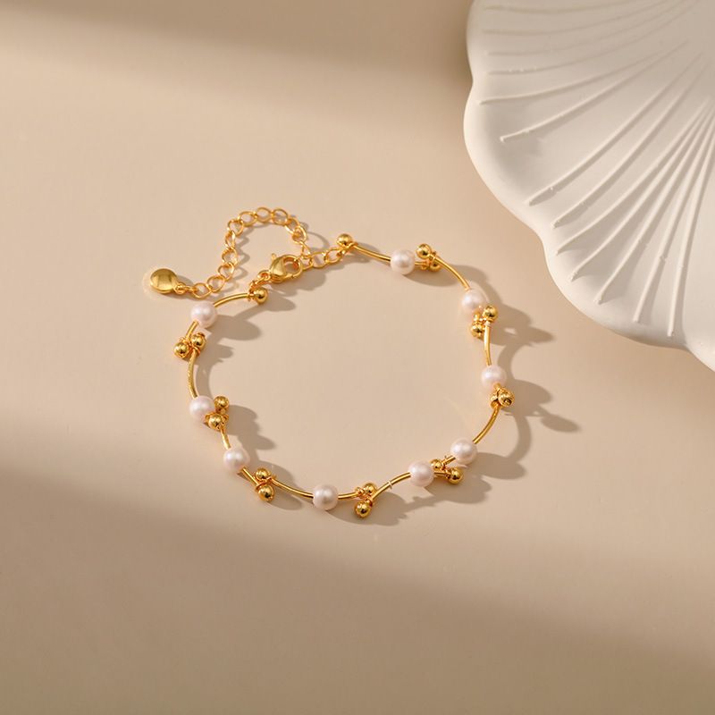 Perlenarmband Persönlichkeit geknotete goldene runde Perlen Kupferrohrdesign Handschnur Transferperlen Glücksbringer Handschmuck mit K Echtgold überzogen_voghion.com