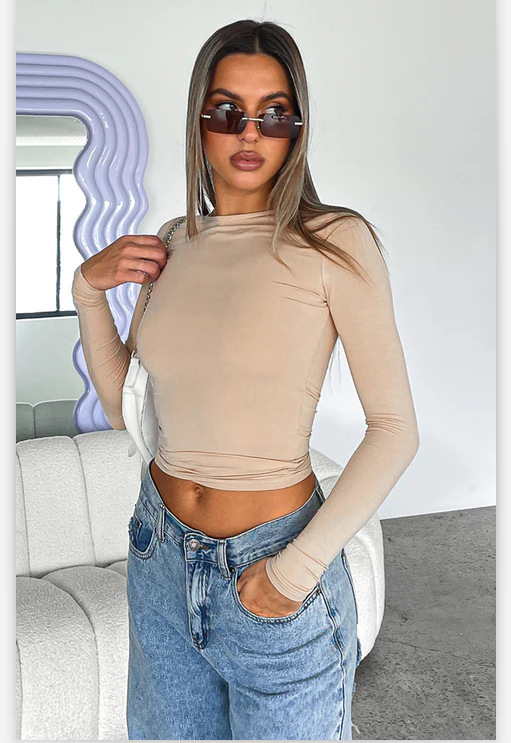 Maglietta casual a maniche lunghe da donna, a tinta unita, attillata, primaverile e autunnale_voghion.com