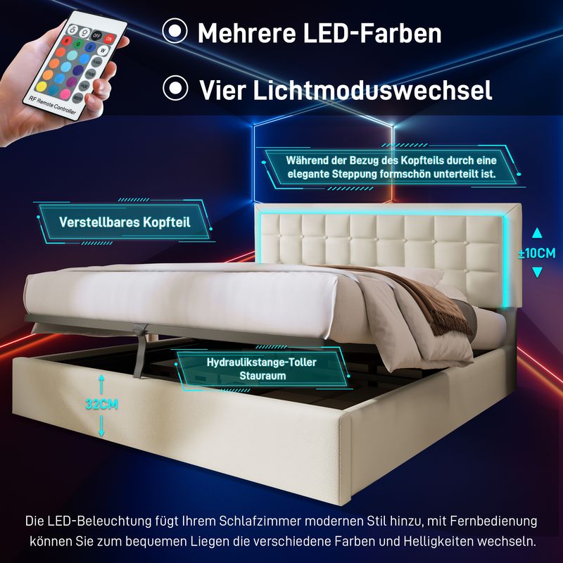 Lit double 140 x 200 cm avec sommier à lattes et rangements, avec bande lumineuse LED, cadre de lit rembourré en similicuir blanc._voghion.com