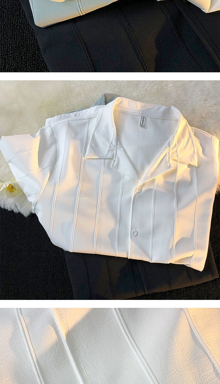 Camicia in seta ghiacciata a maniche corte, estiva, alla moda, a righe, sottile, ampia e casual, da uomo_voghion.com