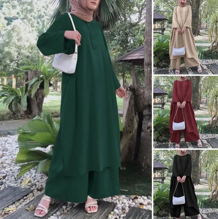 2025 Set di due pezzi per abbigliamento da donna musulmano, tinta unita, primavera e autunno, pullover lungo, taglie forti_voghion.com