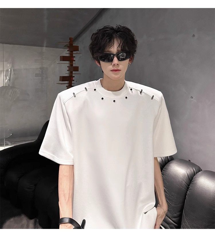 American High Street Short T-Shirt For Men Summer Trendy Loose Fit High-End Feel Padded Shoulder Versatile Five-Quarter_voghion.com