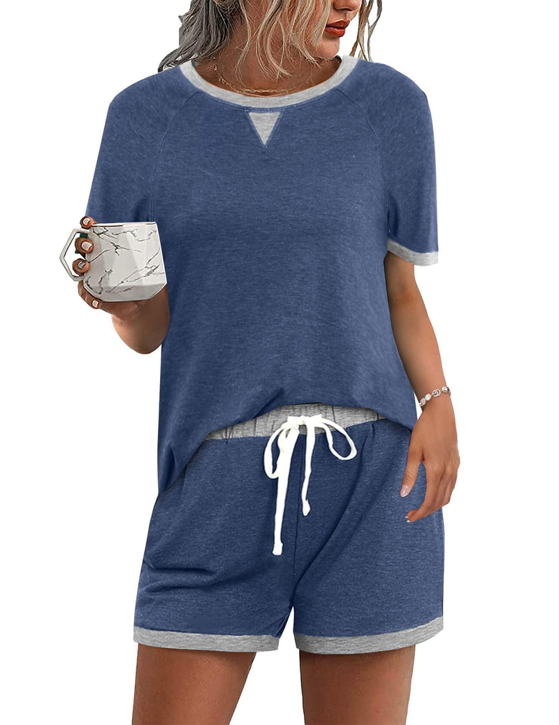 Women's comfortable casual color matching T-shirt shirt shorts two-piece set_voghion.com