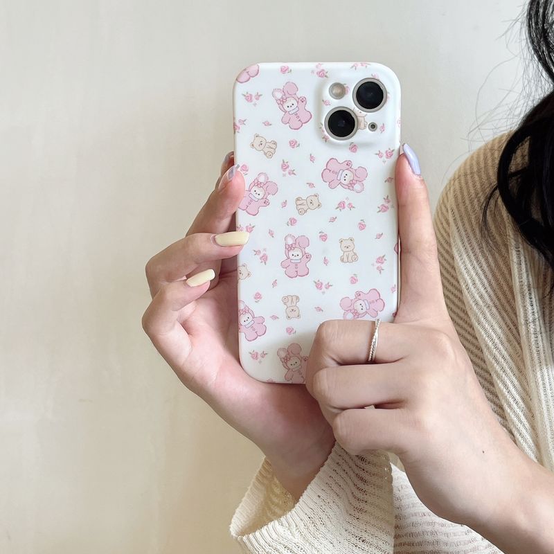 TechGlobe Pink Floral Bear Rabbit Compatible With IPhone 14 Pro Max 15 Phone 13/12 Skin Feel Soft Case_voghion.com