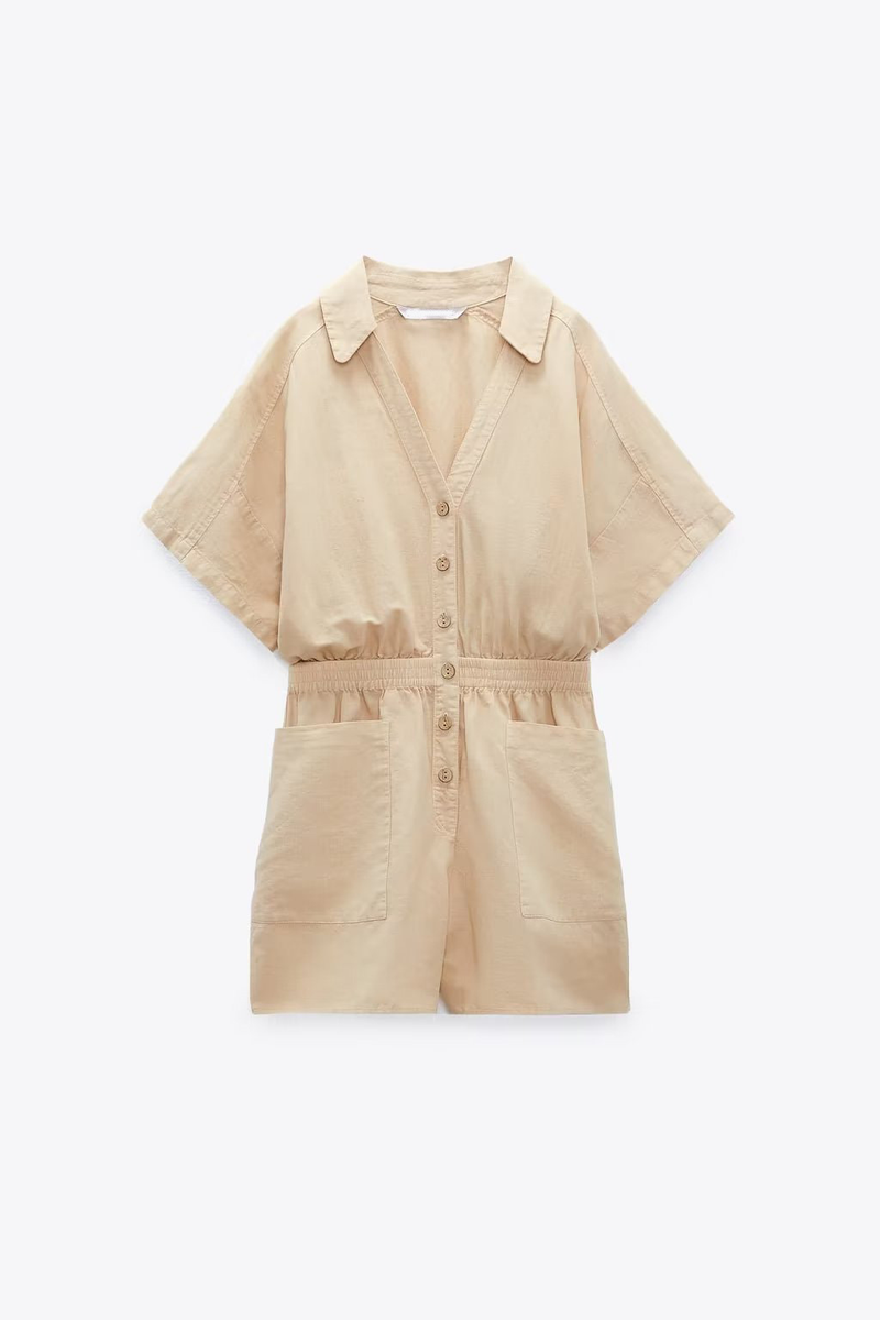 Women's Clothing Summer New Lapel Loose Waist Linen Blended Striped Short Jumpsuit_voghion.com