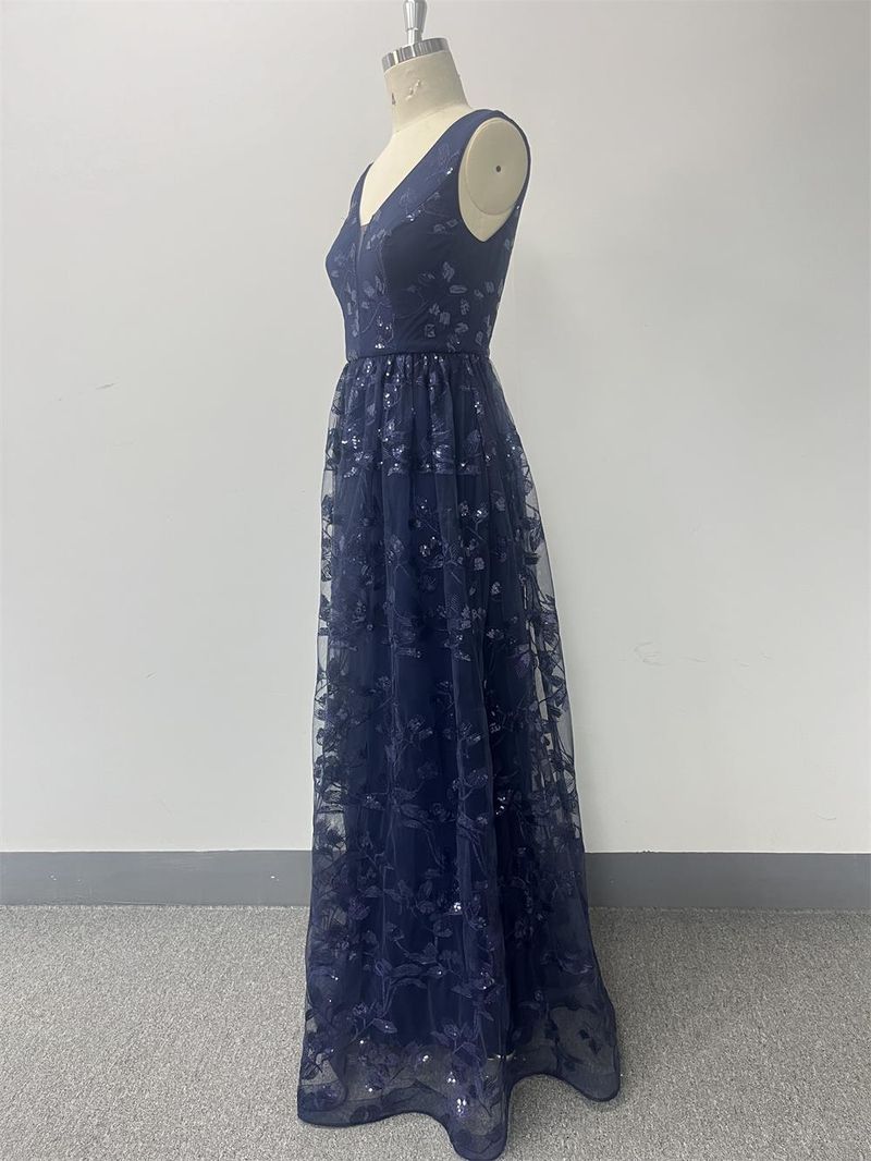 Damenbekleidung, hochwertiges neues ärmelloses Kleid mit doppeltem V-Ausschnitt und Netzstoff, bedruckt, durchgehender Reißverschluss auf der Rückseite, großes A-Linien-Abendkleid, langes Partykleid_voghion.com