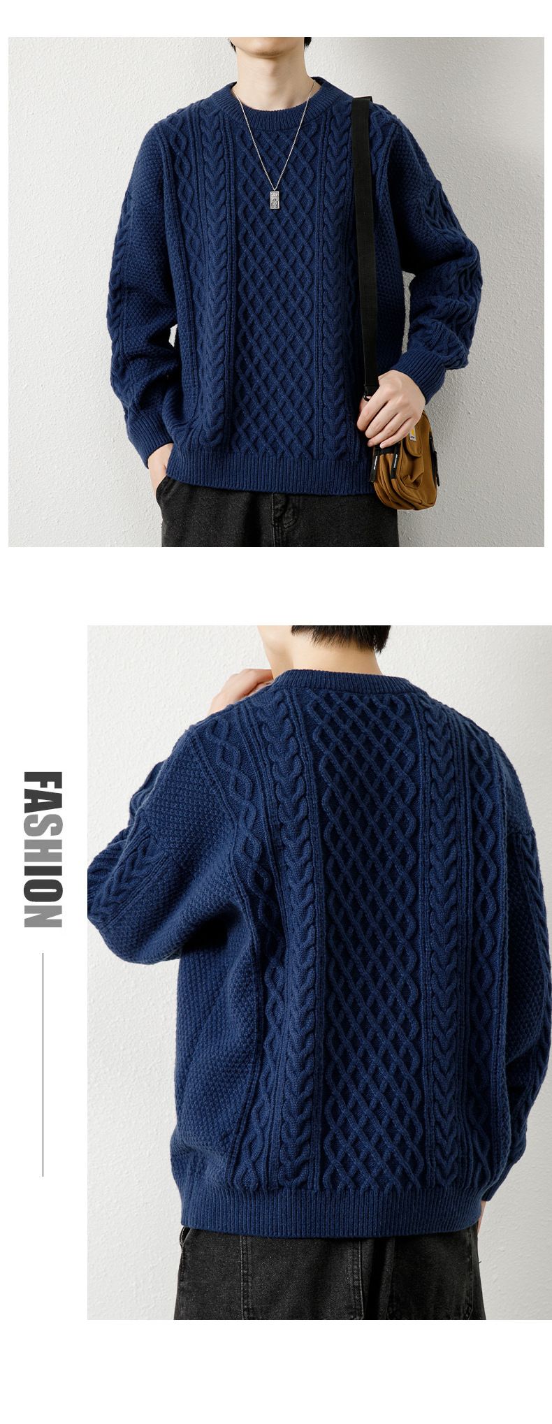 Herren-Zopfmusterpullover, warmer Winterpullover, Rundhalsausschnitt, dick gestrickte Basisschicht, lässig, lockere Passform, trendiger Pullover_voghion.com