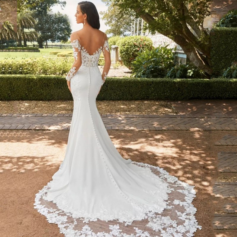 Damen-Hochzeitskleid, Braut, Hochzeit, langärmelig, rückenfrei, Spitze, einfacher Schwanz, Palast, Retro_voghion.com