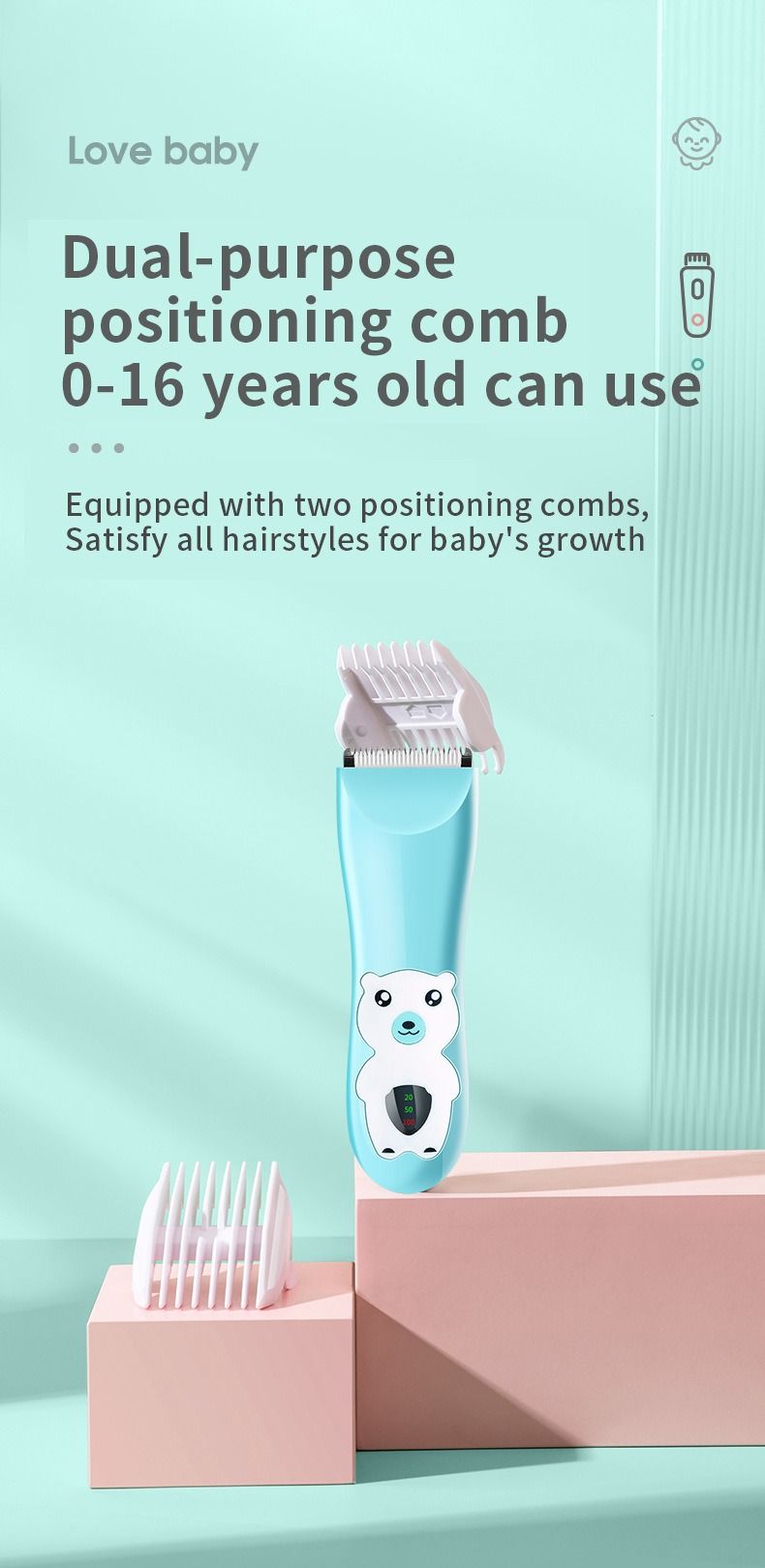Baby Hair Clipper Rechargeable – Ultra-Quiet Kids Hair Trimmer With 3 Guard Combs, Cordless & Waterproof For Infants/Toddlers, Painless Rounded Blades_voghion.com