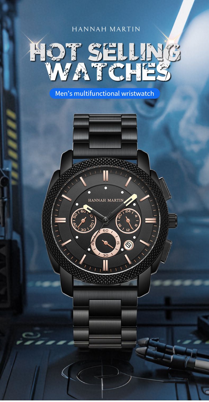 Orologio da uomo Hannah Martin con cinturino in acciaio, nuovo, tre occhi, sei aghi, multifunzione, impermeabile, al quarzo, con calendario, orologio di alta qualità_voghion.com