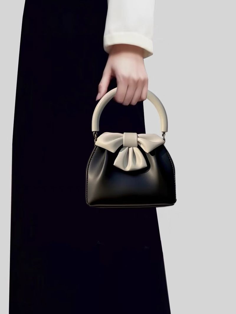 Borsa a mano nera con fiocco, piccola, quadrata, plissettata, casual, quotidiana, da donna, 2025, nuova borsa francese Niche Hundred Color Collision_voghion.com