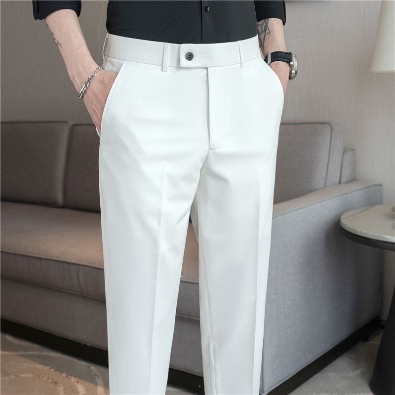 Summer new men's casual trousers, thin comfortable small straight nine-point trousers, elastic and drape on all sides, white trousers_voghion.com