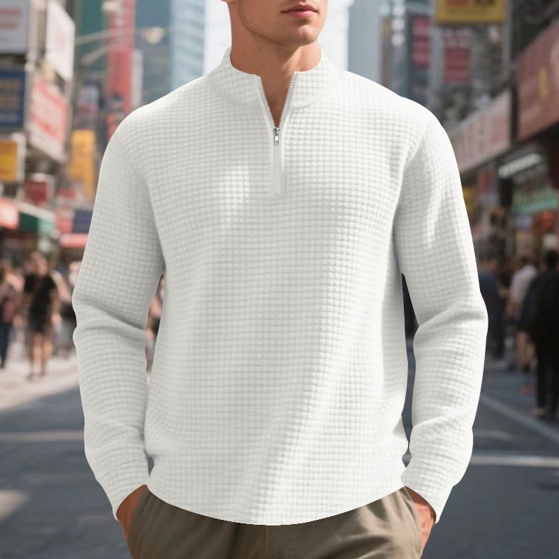 Men's Casual Pullover Sweatshirt With Jacquard Design, Stand Collar & Half-Zip, Loose Fit, Autumn/Winter Essential_voghion.com