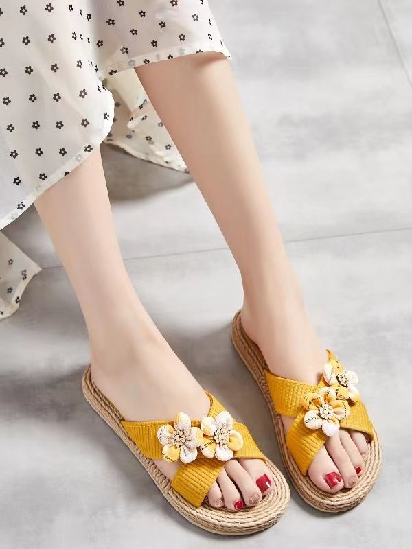 Scarpe da donna, nuove pantofole estive da donna, con una sola linea, con fondo in corda, tinta unita, tendenza moda, per interni ed esterni, con sei piccoli fiori._voghion.com