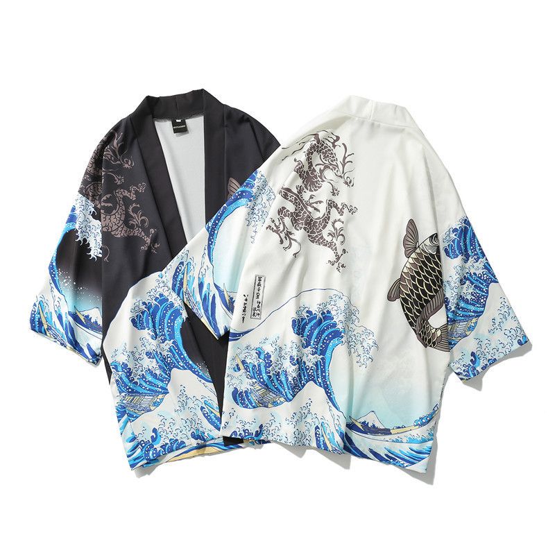 Ukiyo-e taoistiske kåber til mænd og kvinder, havbølger, karpeprint, kimono, løse fem quaer-ærmer, hawaiiansk stil_voghion.com