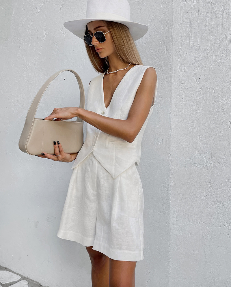 Women's cotton and linen suit vest women's summer casual sleeveless vest shorts two-piece set_voghion.com