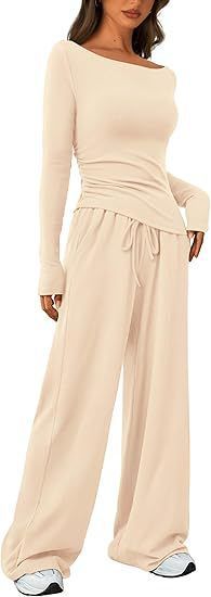 Trendy Asymmetrical Long Sleeve T-Shirt & Wide-Leg Pants Set - Fall Casual Outfit, Comfortable Polyester Blend, Multiple Colors & Sizes_voghion.com