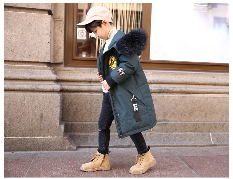 Chłopięca kurtka puchowa w stylu koreańskim – średniej długości, zimowa kurtka z kapturem | 90% białego puchu kaczego | Lekka i ciepła (3-8 lat) | Czarny/Ciemnoniebieski/Zielony wojskowo_voghion.com