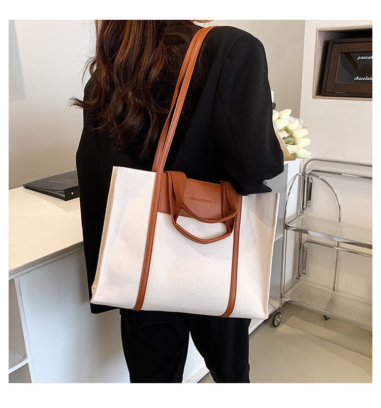 Borse tote da donna, semplici borse tote da donna con colori di tela a contrasto e tracolla singola di grande capacità._voghion.com