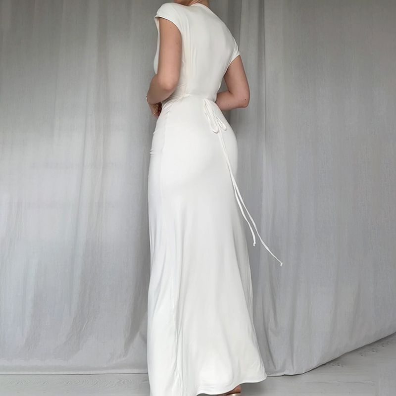 XY24158 Été 2024 Nouvelle robe longue coupe slim avec taille cintrée sexy, manches courtes torsadées et fendues_voghion.com